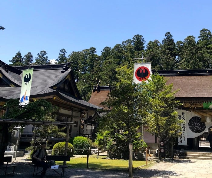 Three-legged crow flags flutter over Hongu Shrine, Wakayama.