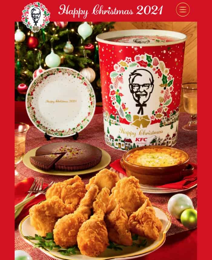 Kentucky Fried Chicken bucket, plate, graten, and cake for 2021 Christmas.