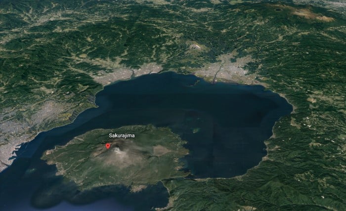 Sakurajima volcano as seen on Google Earth.