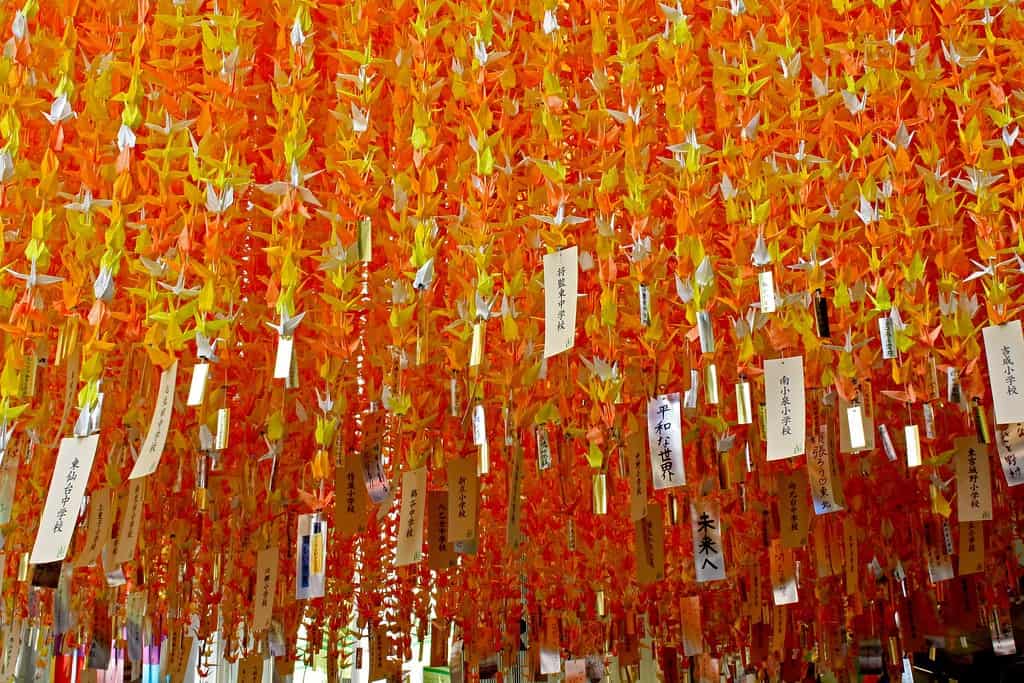 Crane decorations at Sendai's Tanabata festival.