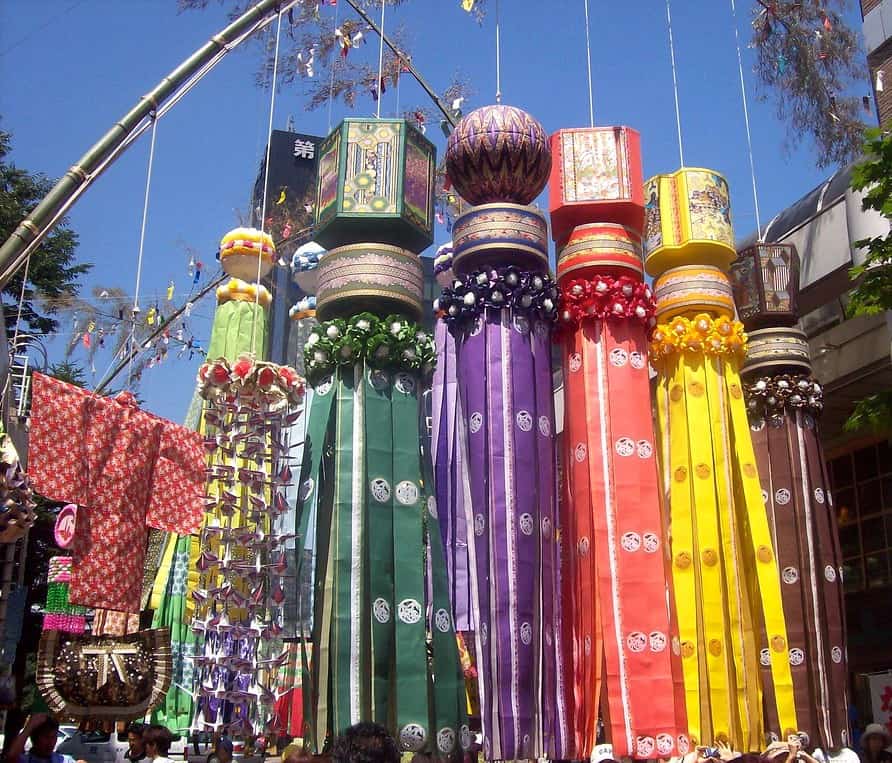 Huge decorations hanging at the largest Tanabata festival in Japan, held in Sendai.