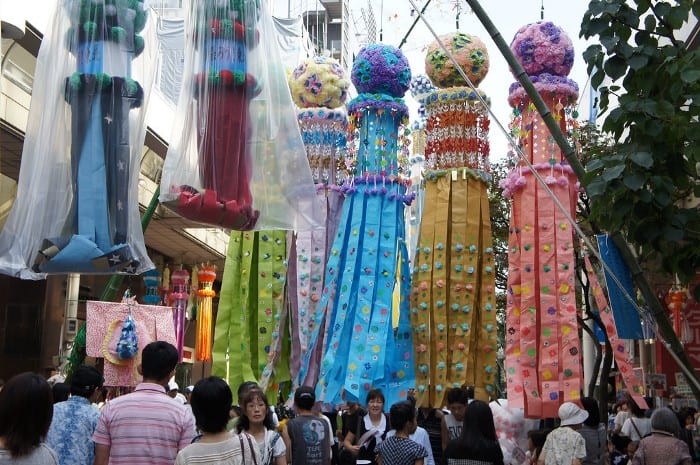 Decorations at Sendai's Tanabata festival protected against rain.