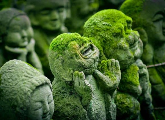 happy moss-covered statues