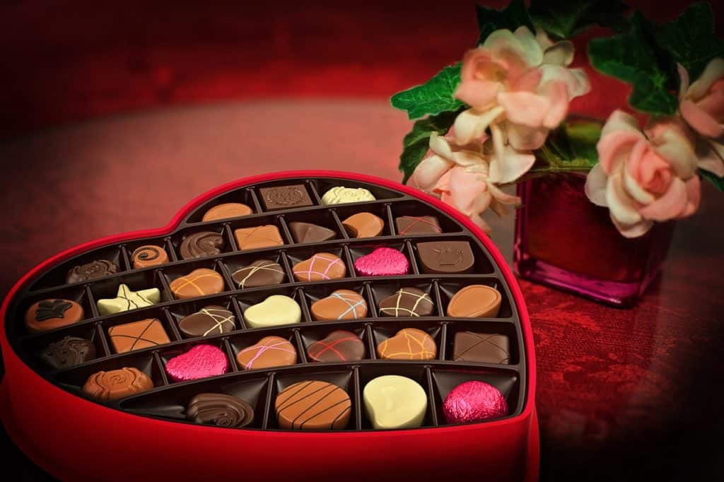 Red heart-shaped box of chocolates.