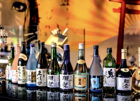 sake bottles on bar