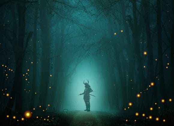 Mysterious armored man stands amid a dark forest lit by fireflies.
