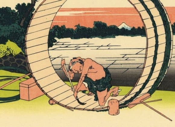 Barrel Maker, woodblock print by Katsushika Hokusai.