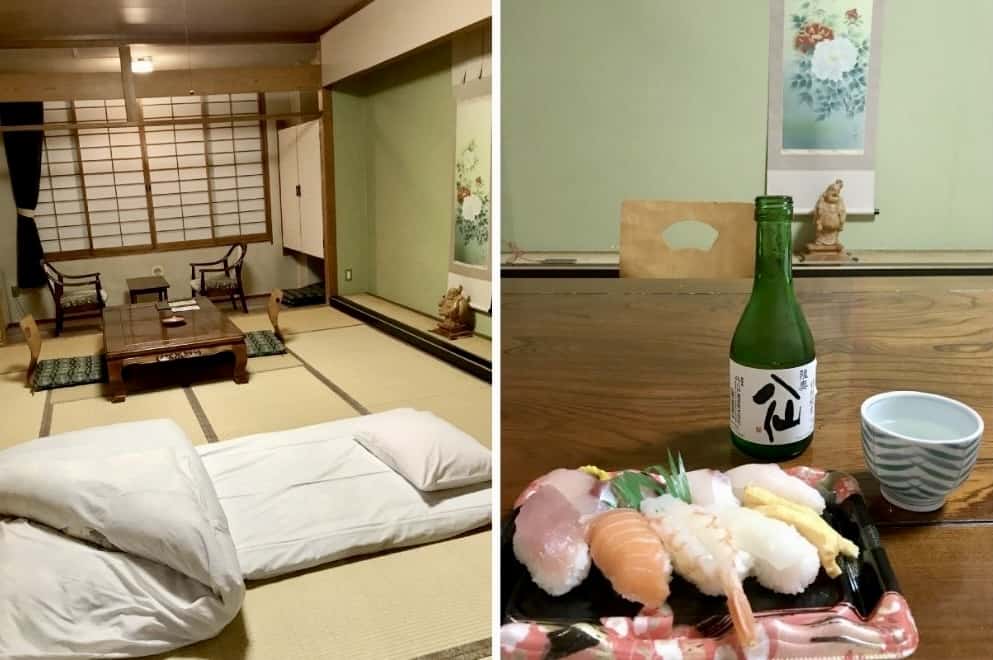 Spacious tatami mat hotel room and sushi dinner.
