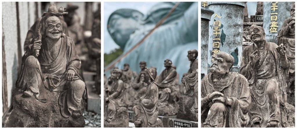 Some of the many intricately detailed statues that are in front of the reclining Buddha.