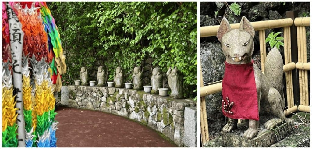 Colorful folded cranes and 6 Jizo statues along the top of a wall. A cute Inari fox with a red bib.