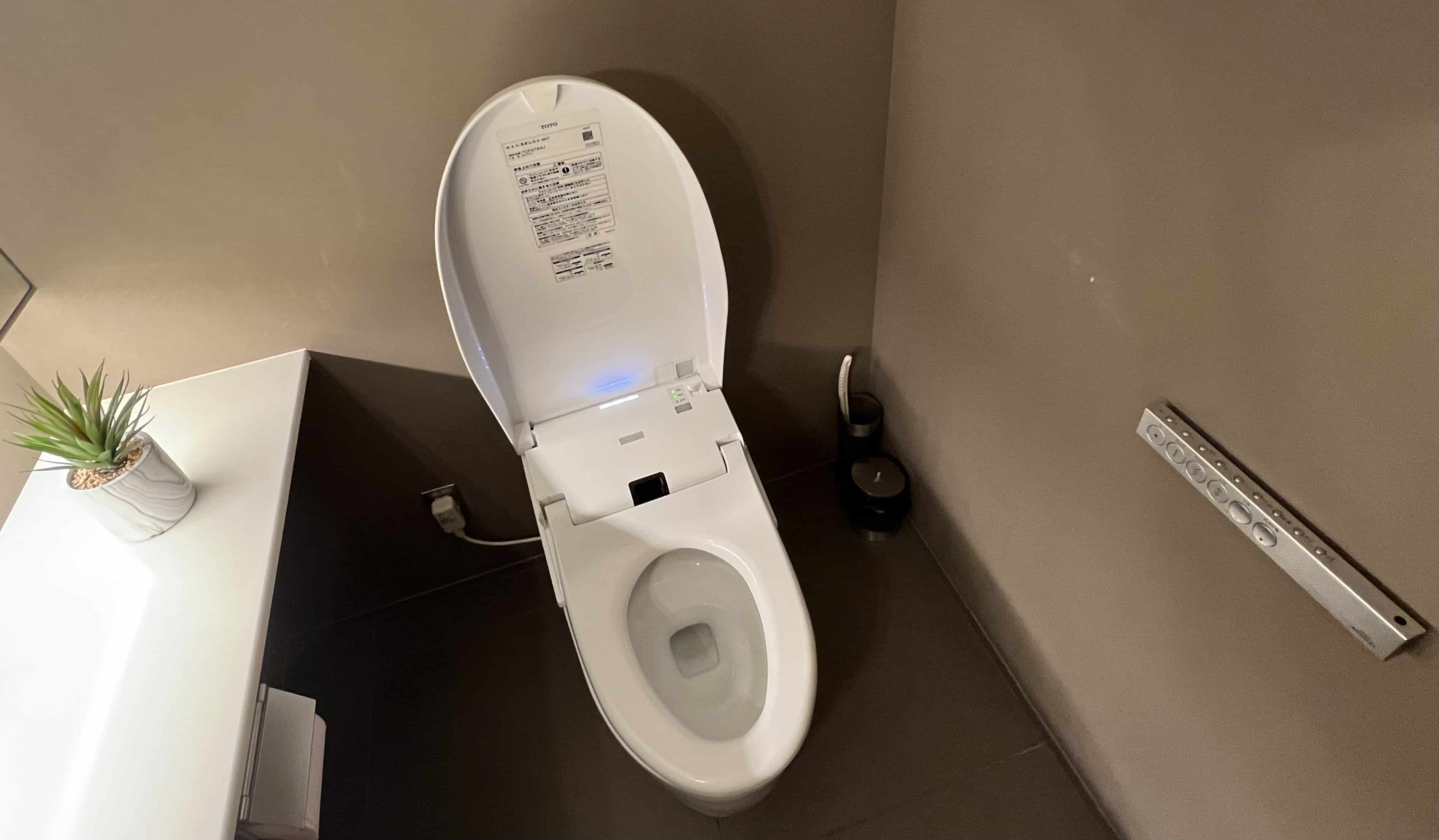 Visitors to Japan love the high-tech toilets, like this one with a row of buttons on the wall to control various features.