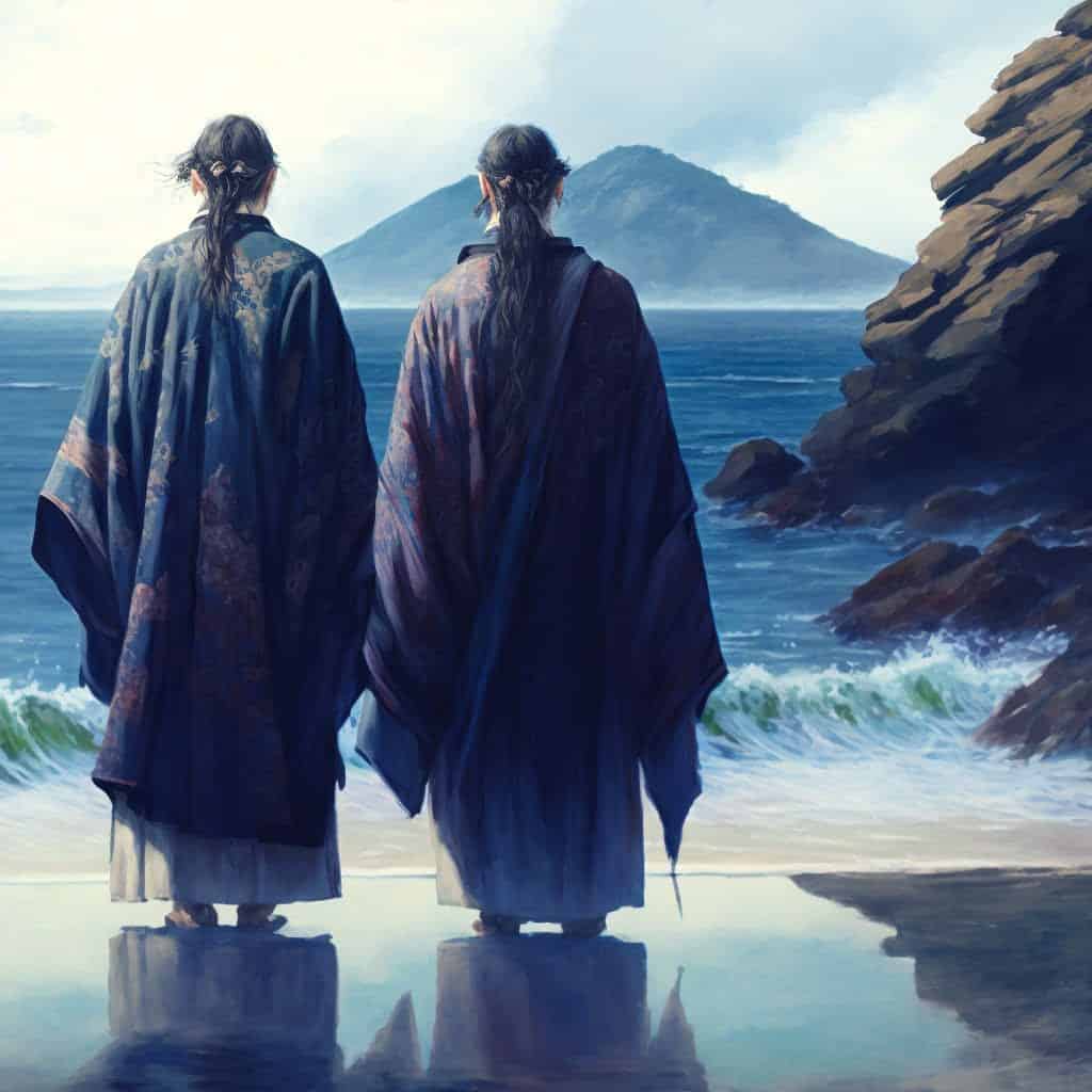 The brothers, Yamasachi and Umisachi, looking out towards the sea.