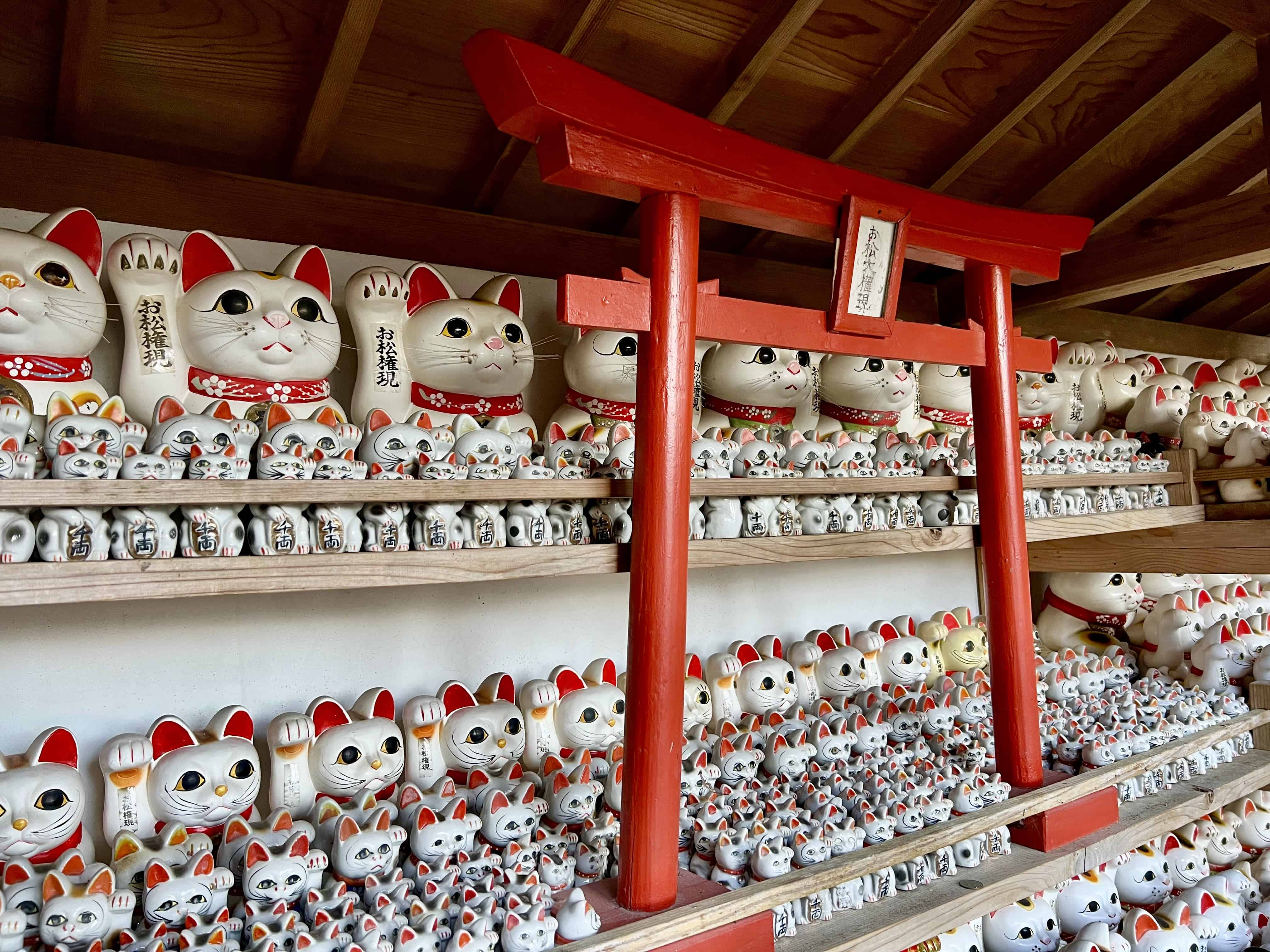 Interior of building filled with Maneki Neko statues at Omatsu Daigongen Shrine.