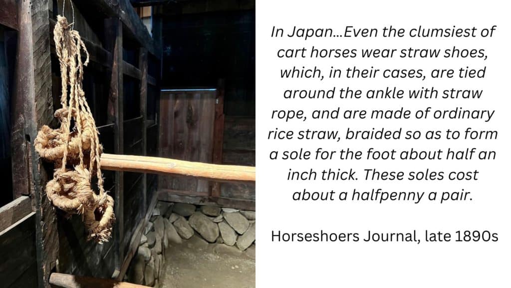 Straw horse sandals hanging in barn. Quote from late 1890s Horseshoers Journal, "In Japan…Even the clumsiest of cart horses wear straw shoes, which, in their cases, are tied around the ankle with straw rope, and are made of ordinary rice straw, braided so as to form a sole for the foot about half an inch thick. These soles cost about a halfpenny a pair."