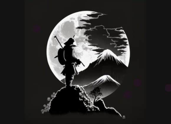 Ashikaga Takauji, samurai alone on a hill silhouetted against the moon.