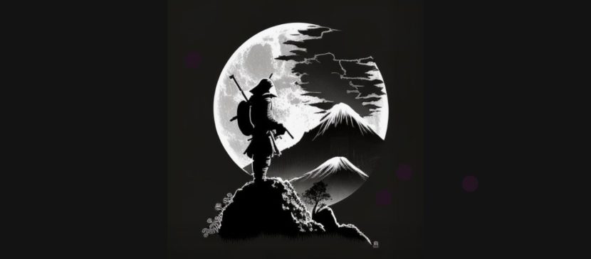 Ashikaga Takauji, samurai alone on a hill silhouetted against the moon.