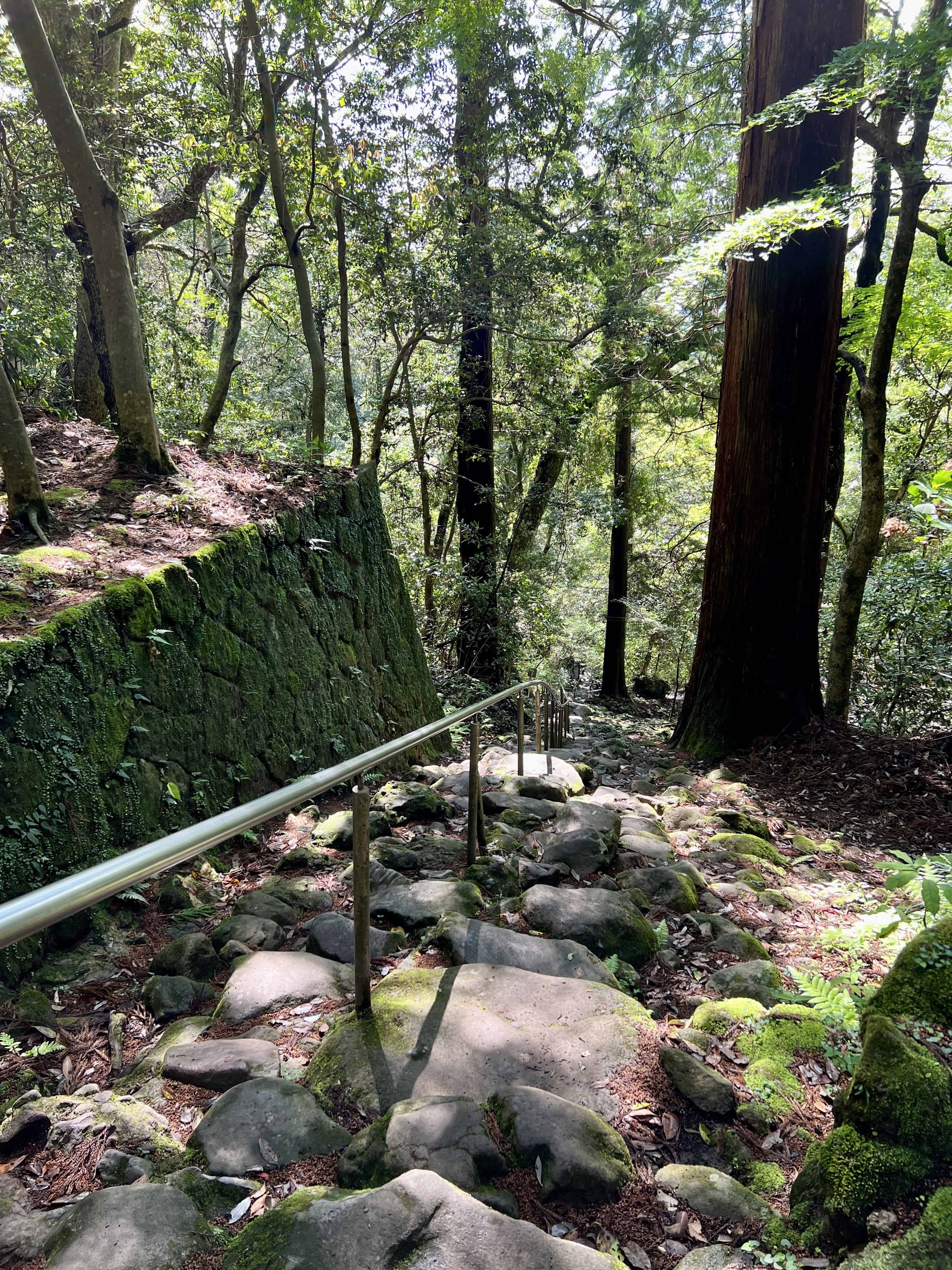 Stone stairs leading down from the Kumano Gongen Shrine.