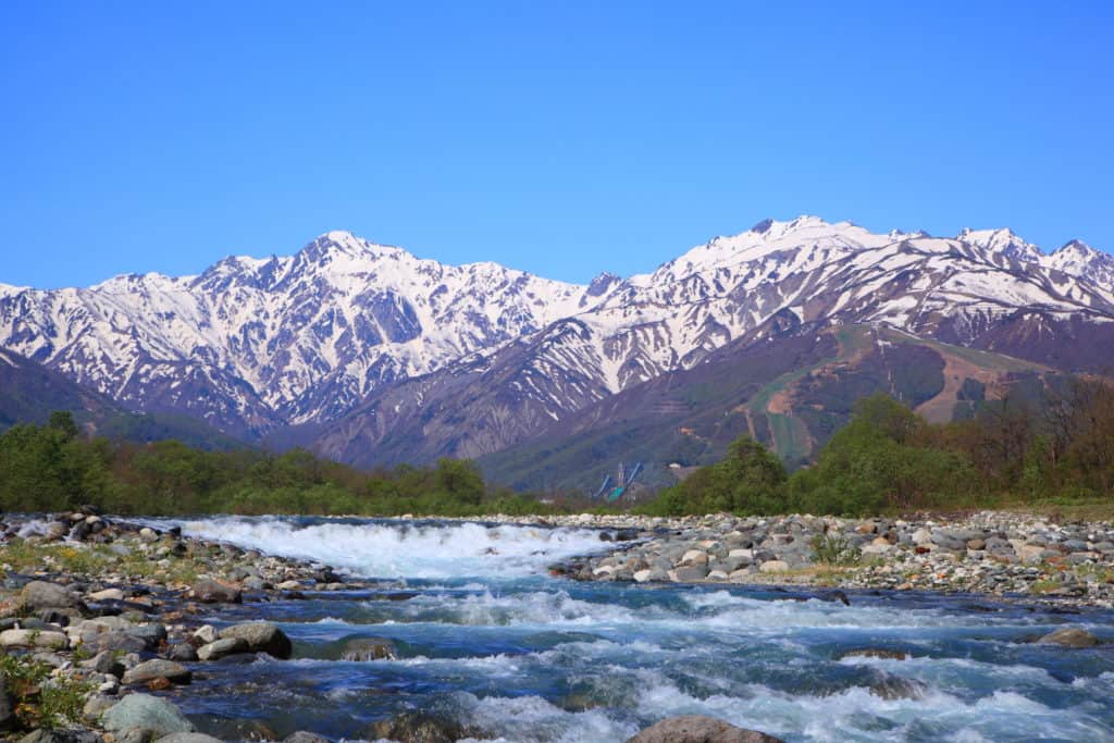 Snow covered mountains and cascading mountain river.