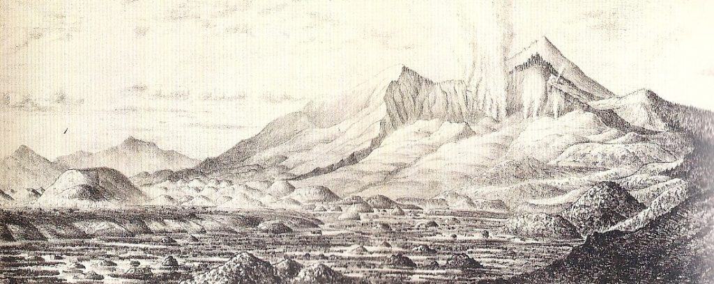 1888 drawing of a still-smoking Mount Bandai.