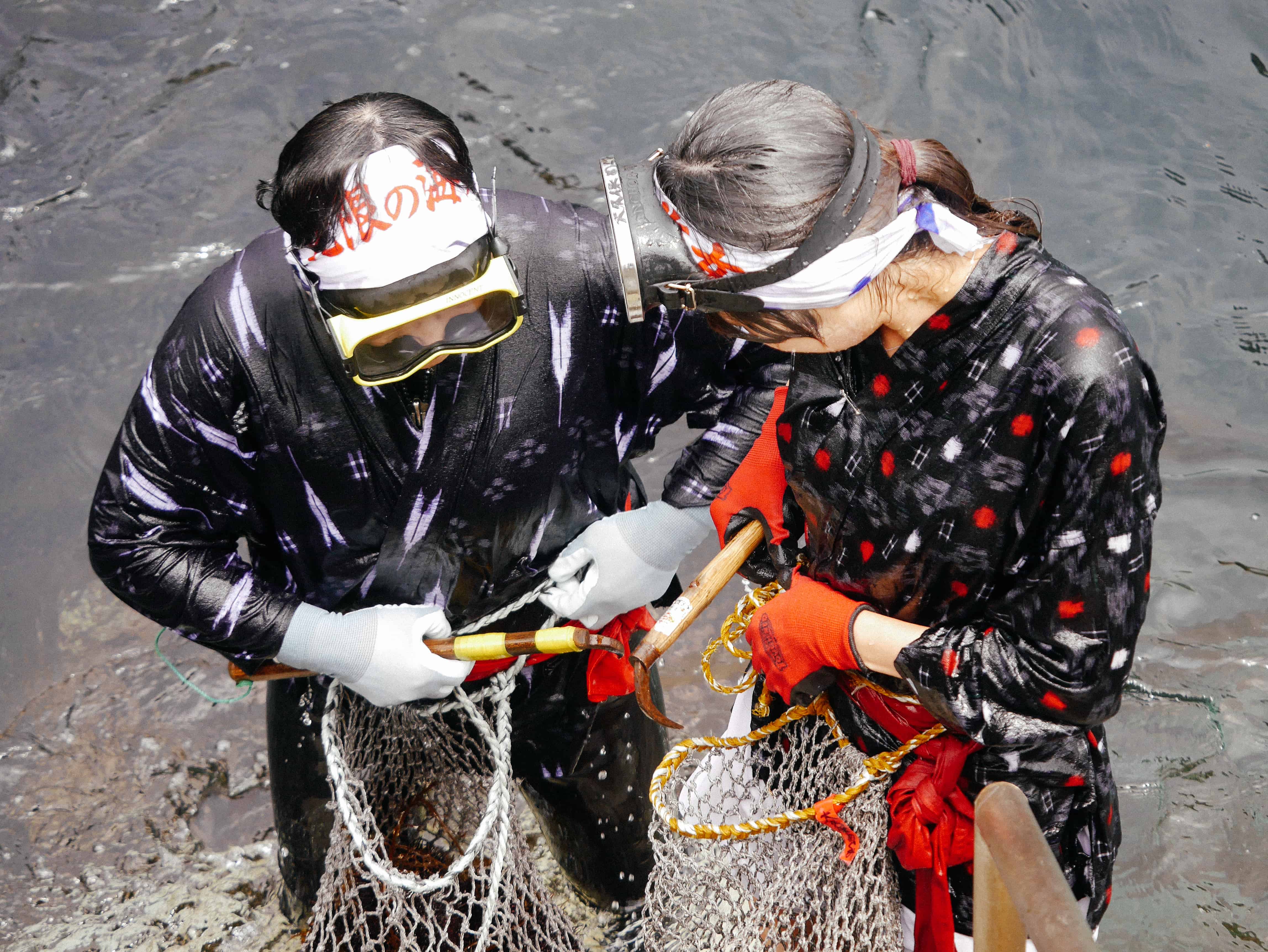 Northernmost ama wearing kasuri hanten — short jackets decorated with a splash pattern — along with a red obi belt, goggles, and a headscarf, tying nets to their belts.