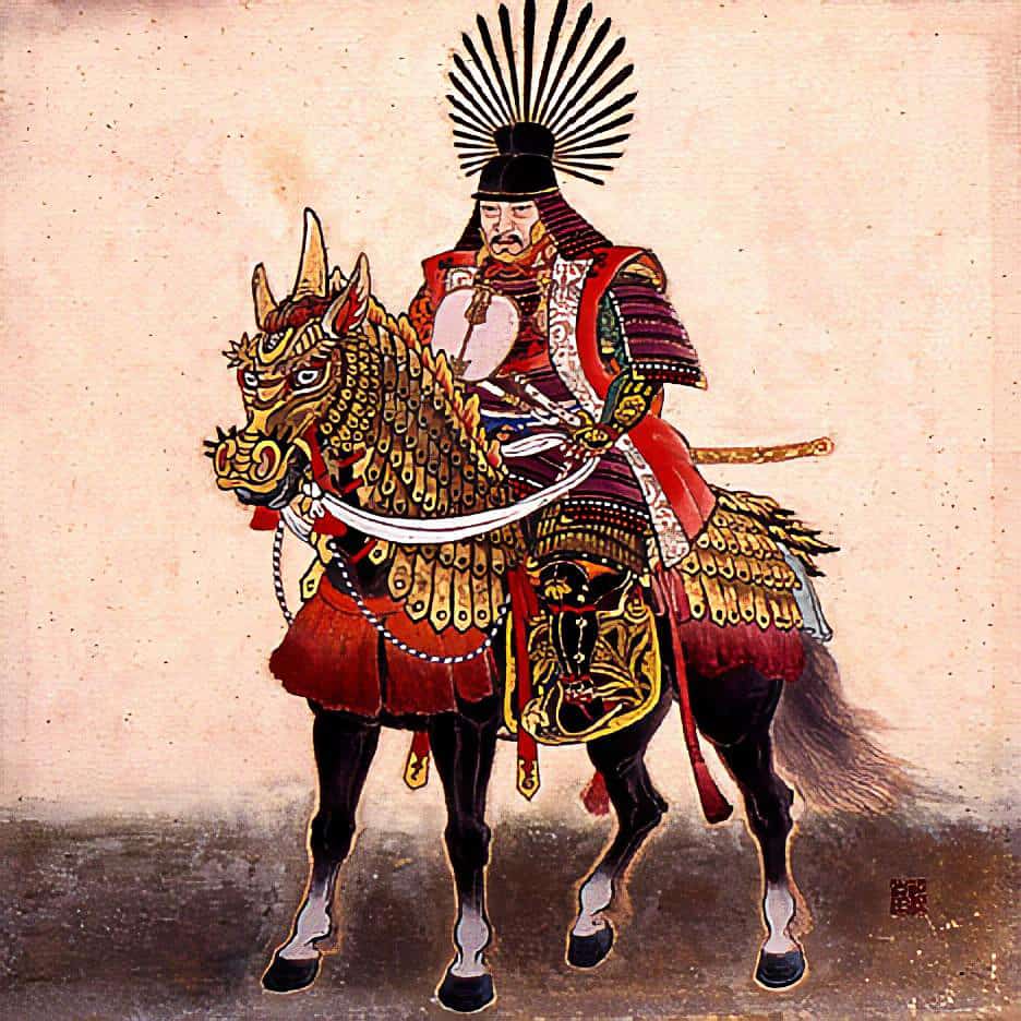 Painting of Toyotomi Hideyoshi in full samurai armor sitting on armored horse.
