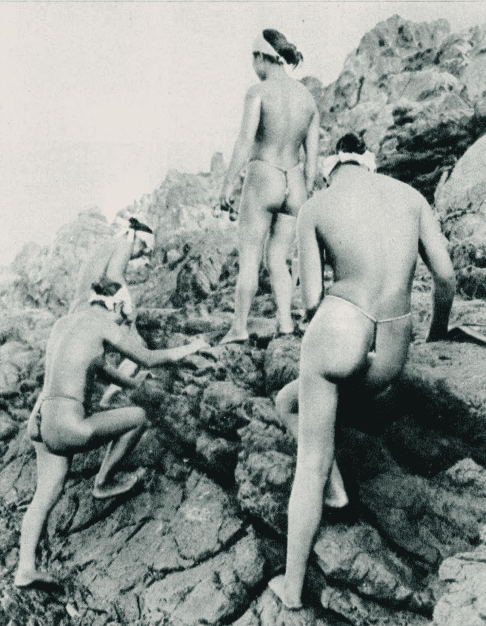 Ama freedivers in loincloths and headscarves, photographed in 1956.