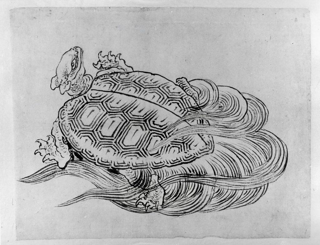 Drawing of a turtle with a tail by an Edo-era master of woodblock prints, Hokusai.