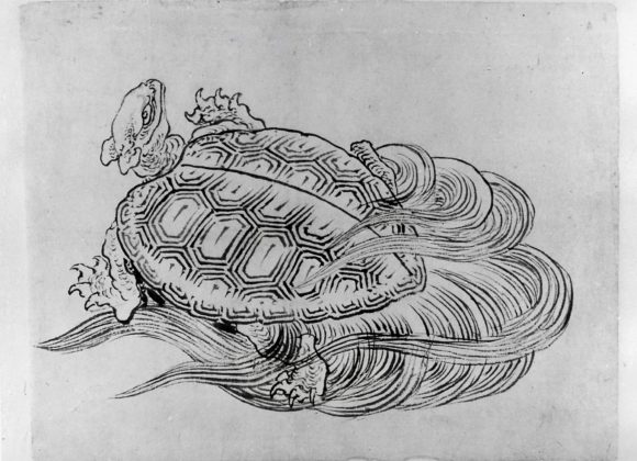 Drawing of a turtle with a tail by an Edo-era master of woodblock prints, Hokusai.