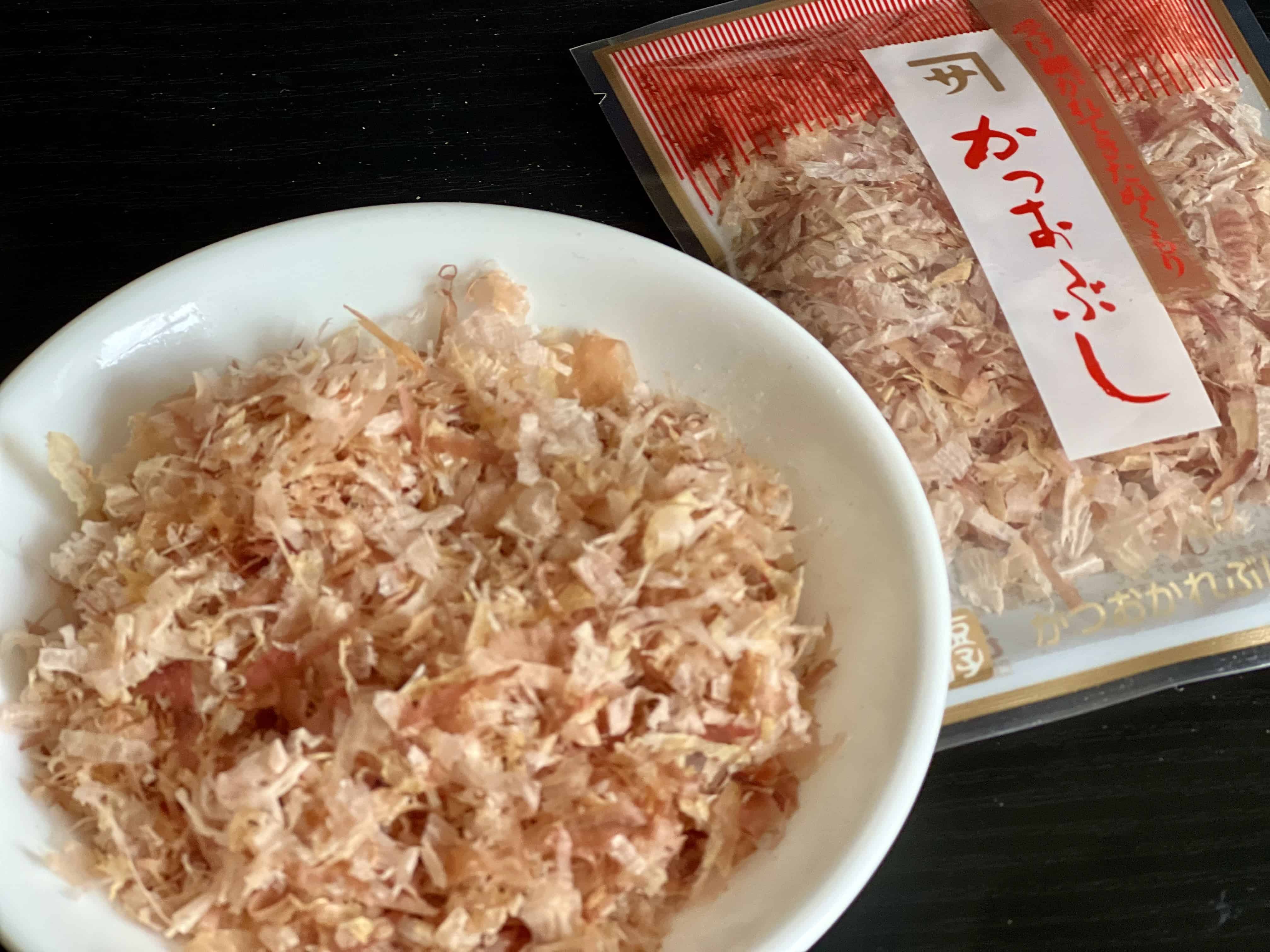Dried bonito flakes on a plate.