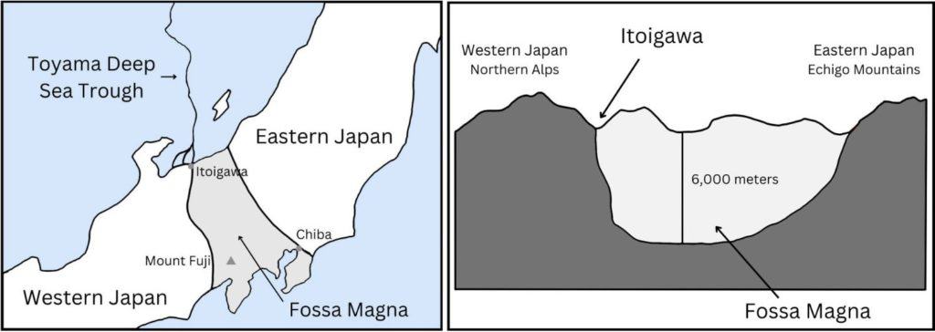 The Fossa Magna, a U-shaped trench, divides Eastern and Western Japan.