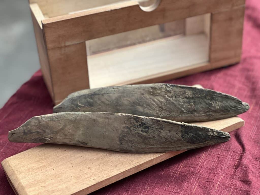 Two dark blocks of dried bonito on a board.