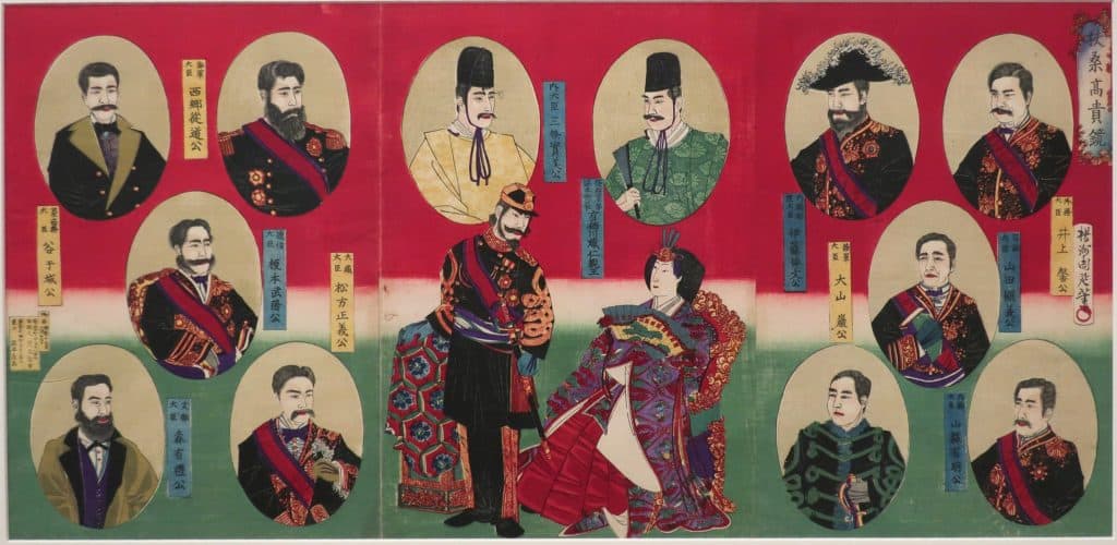 Woodblock print of Emperor Meiji and his wife surrounded by ministers of the Meiji government.