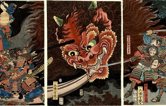 The red face of the oni Shuten-doji is surrounded by warriors.