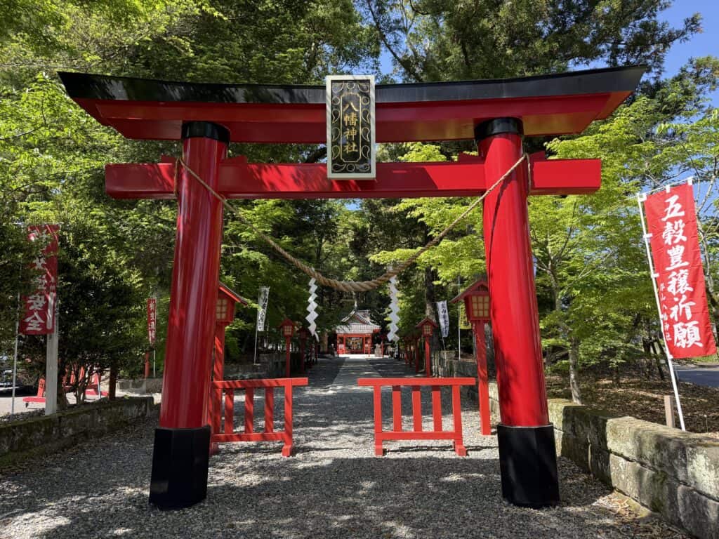 Vermillion torii gate leading to a shrine, surrounded by trees.