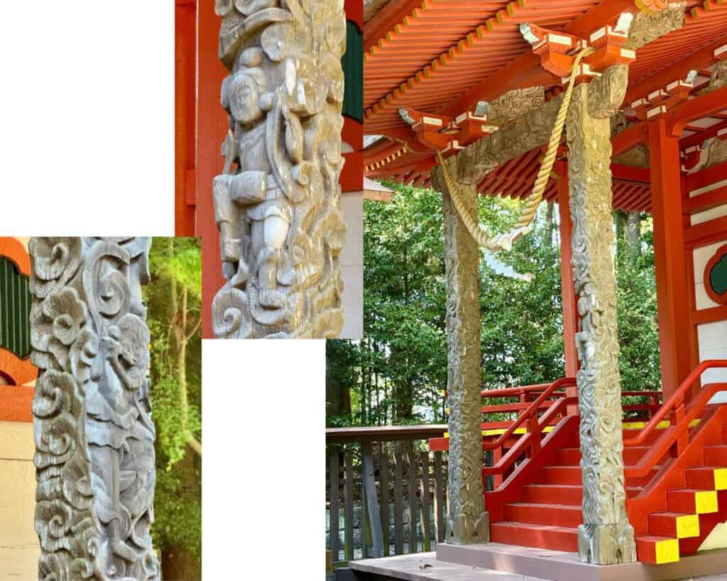 Elaborately carved wooden pillars support a vermillion shrine.