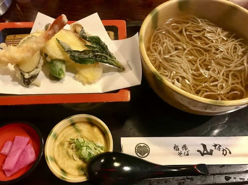 Soba noodle soup and seasonal tempura.