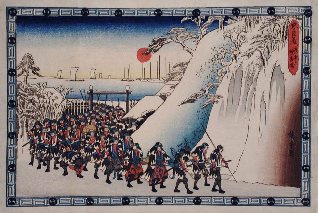 The 47 Ronin passing by cliffs with sea in the background.