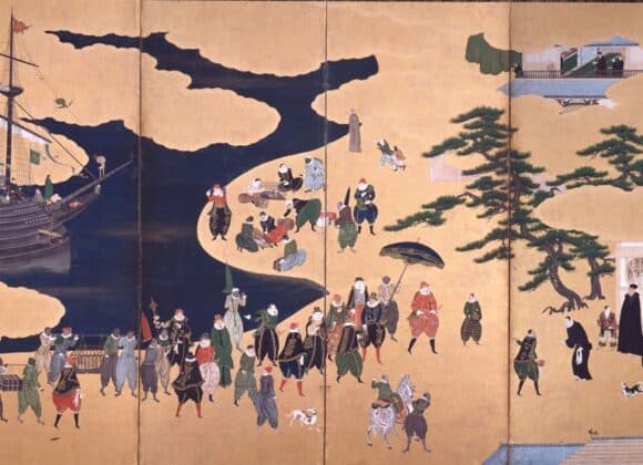Folding screen of Iberians arriving in Japan.