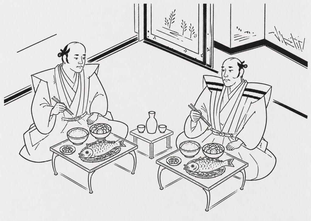 Okamoto Daihachi being entertained by Arima Harunobu, line drawing.