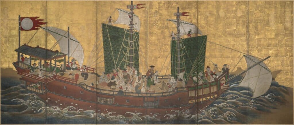 Folding screen depicting 2 sailed portugues ship with crew enjoying themselves.